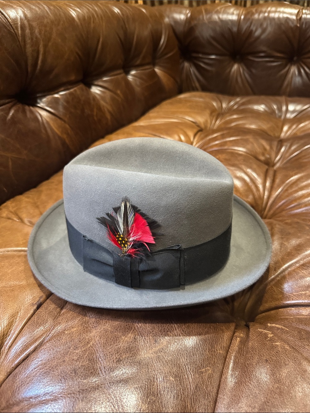 Brooks Brothers Gray Felt Fedora with Black Band and Red Feather Accent